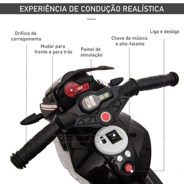 Mota Elétrica Infantil com 3 Rodas Bateria 6V Recarregável Música e Luz Passeio Buzina Faróis Crianças +3 Anos Preto e Branco 86x42x52 cm