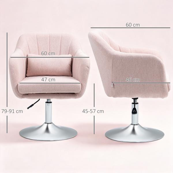 Cadeirão Giratório 360° para Sala de Estar com Altura Ajustável, Encosto Envolvente, Apoios de Braços e Almofada, 60x60x79 - 91 cm, Rosa