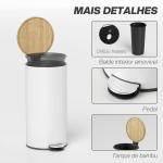 Balde do Lixo para Cozinha com Pedal 30L Cubo de Lixo Metálico com Tampa de Fecho Suave e Balde Removível 36x30x60,5 cm Branco e Madeira