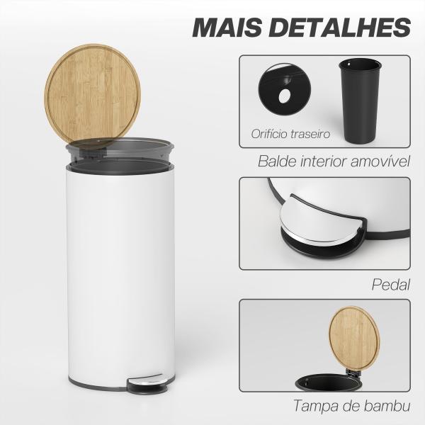 Balde do Lixo para Cozinha com Pedal 30L Cubo de Lixo Metálico com Tampa de Fecho Suave e Balde Removível 36x30x60,5 cm Branco e Madeira