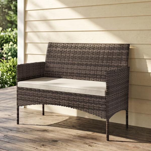 Sofá de Exterior em Rattan de 2 Lugares Sofá de Jardim com Almofada Lavável Estrutura de Aço para Varanda Caqui