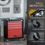 Carro de Ferramentas Móvel com Rodas 4 Gavetas Compartimento de Armazenamento e Alça Lateral 69x33x75cm Preto e Vermelho