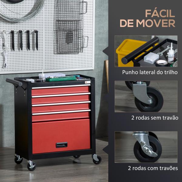 Carro de Ferramentas Móvel com Rodas 4 Gavetas Compartimento de Armazenamento e Alça Lateral 69x33x75cm Preto e Vermelho