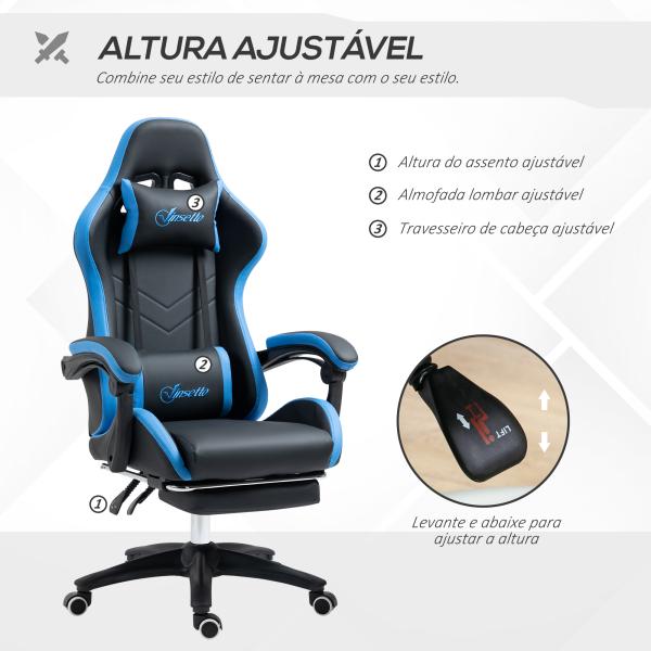 Cadeira Gaming Cadeira Gamer de Pele PU Reclinável 135° Apoio para a Cabeça e Apoio para os Pés 65x65x121 - 129 cm Preto e Azul