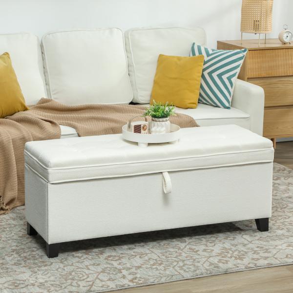 Banco de Armazenamento com 2 Dobradiças de Segurança Tampa Rebatível para Sala de Estar Quarto 120x40x48 cm Creme