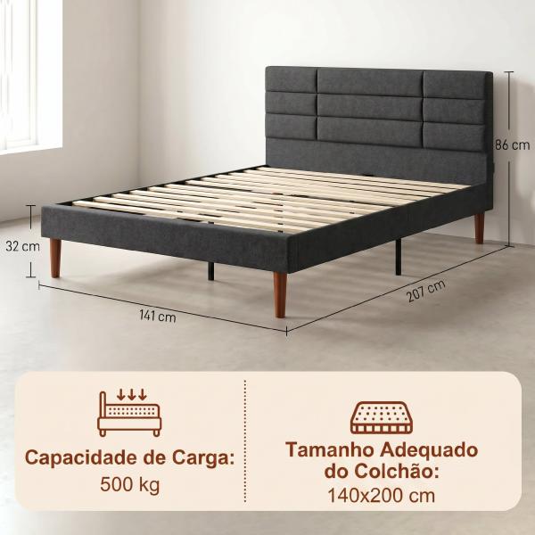 Cama Estofada 140x200 cm com Cabeceira Almofadada, Estrado de Ripas e Espaço Livre Inferior, Cinzento