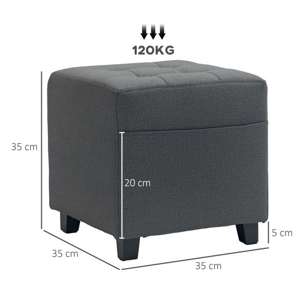 Apoio para os Pés Sala de Estar Banco Estofado em Linho com Bolso Lateral Tampa com Botões 35x35x35 cm Cinzento