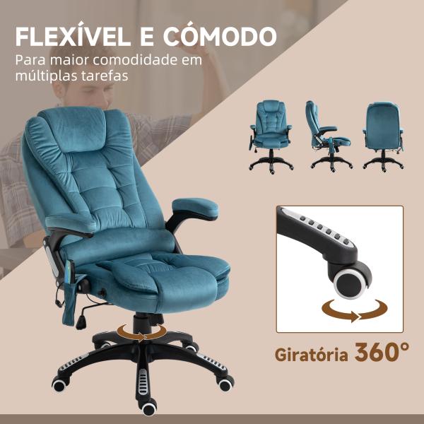 Cadeira de Escritório com 6 Pontos de Massagem Reclinável até 130° com Função de Aquecimento 68x72x110 - 120 cm Azul