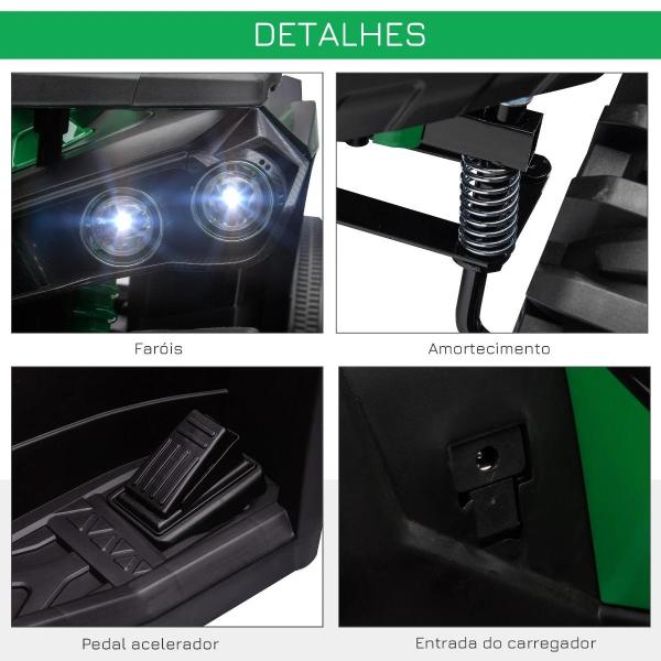 Quadriciclo Elétrico 12V para Crianças de 3 - 5 Anos com Farol Música Pneus de Suspensão Botões Avance e Retrocesso Veículo Elétrico a Bateria 100x65x73cm Verde
