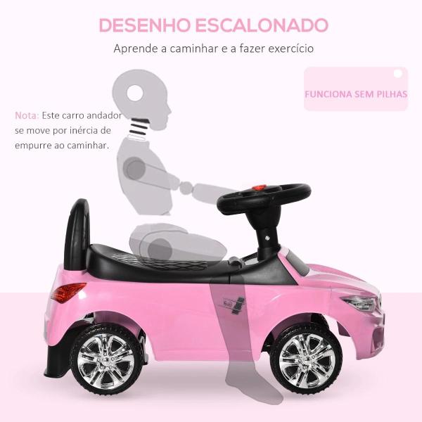 Carro Andador para Crianças de 18 - 36 Meses com Faróis Música Buzina Volante Compartimento de Armazenamento e Alça para Empurrar 63,5x28x36 Rosa