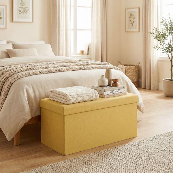Puff de Arrumação Banco de Arrumação Dobrável 84 L 76x38x38 cm Estofado em Linho Sintético Amarelo