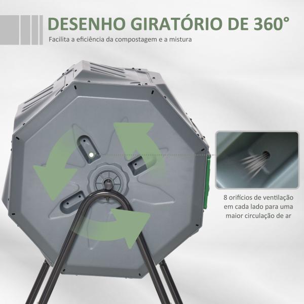 Compostor de Tambor Giratório com Capacidade 160L de Dupla Câmara e Ventilação para Resíduos Orgânicos 71x65x96 cm Cinza e Verde