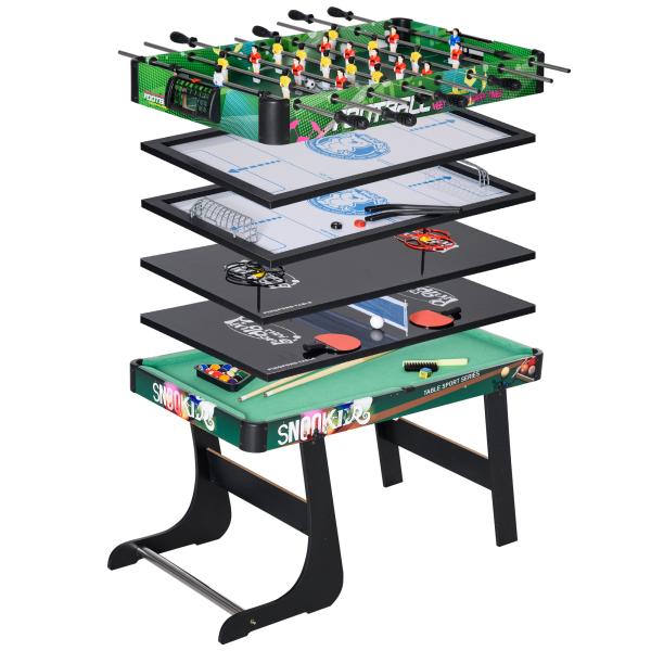 Mesa de Jogos 6 em 1 Dobrável Bilhar Matraquilho Ping Pong Lançamento de Anéis Hóquei com Bastão e Hóquei com Discos 118x104x71cm Multicor