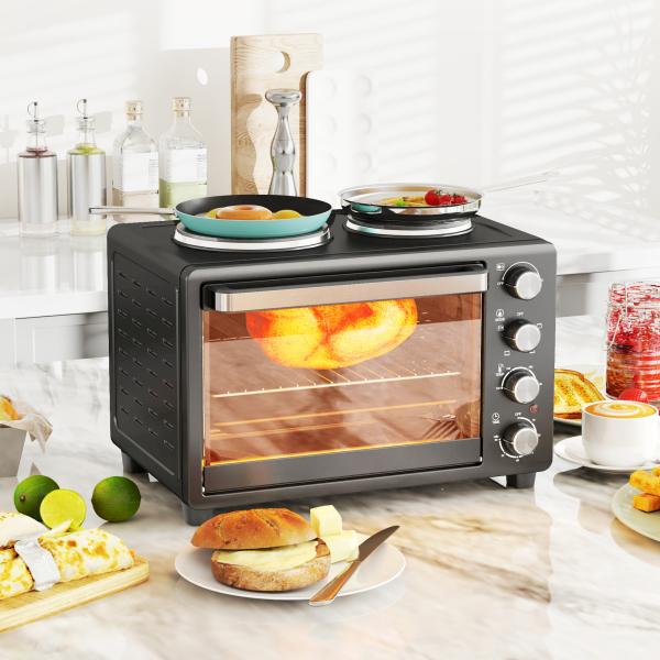 Forno Elétrico de Bancada 28L 2600W com Placas de Cozedura, Temperatura Ajustável, Temporizador e Tabuleiro, Preto