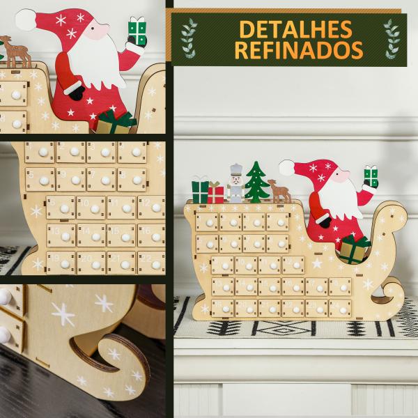 Calendário do Advento de Madeira com 24 Gavetas Decorado com Pai Natal no Trenó Decoração de Natal 22,5x8x36 cm Madeira