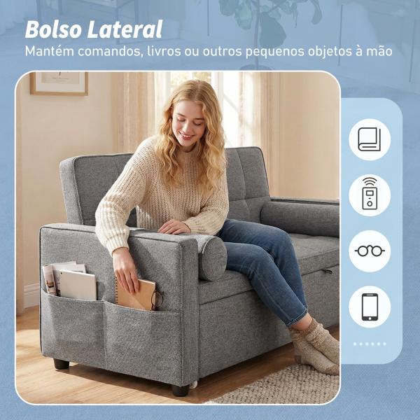 Sofá - Cama 2 Lugares 3 em 1 Deslizante em Tecido Linho com Encosto Ajustável Bolsos 2 Almofadas para Sala de Estar Cinzento