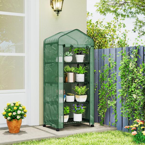 Estufa de Exterior com 4 Prateleiras e Rodas Porta Enrolável Estrutura em Aço e Cobertura de PE 140g/㎡ Anti - UV 69x50x165 cm Verde
