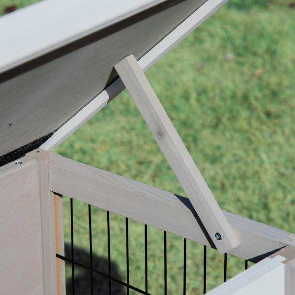 Coelheira de Madeira Exterior Gaiola Elevada para Coelhos Cobaias Animais Pequenos com Teto Asfáltico Abatível Comedouro Bandejas Removíveis e 2 Portas 91x46x71cm Cinza