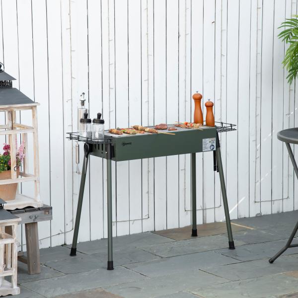 Barbecue a Carvão com 2 Grelhas de Aço Inoxidável Portátil com 2 Prateleiras para Temperos com Ganchos 77x30x70 cm Verde