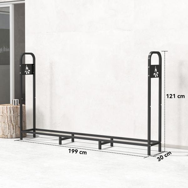 Suporte Metálico para Lenha 199x30x121 cm Suporte para Lenha de Exterior com Estrutura de Aço Pés Extra Preto