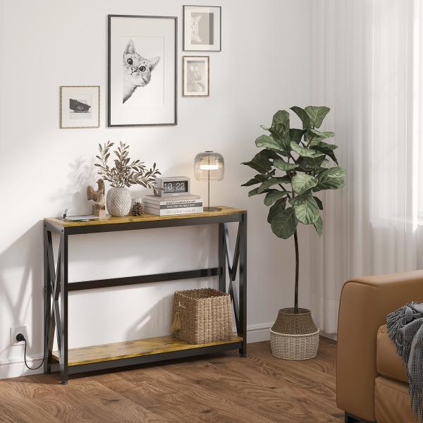 Mesa Consola de Estilo Industrial Mesa de Entrada de 2 Níveis com Estação de Carregamento 100x24x75 cm Castanho Rústico