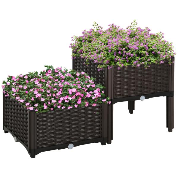 Conjunto de 2 Floreiras Quadradas Floreiras para Flores e Vegetais com Orifícios de Drenagem e Pés Altos 40x40x26 - 44cm Marrom