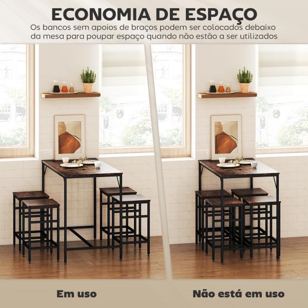 Conjunto de Mesa de Bar com 4 Bancos com Apoio para os Pés Mesa de 100x60x88cm e Bancos de 32x32x57cm Preto e Nogueira