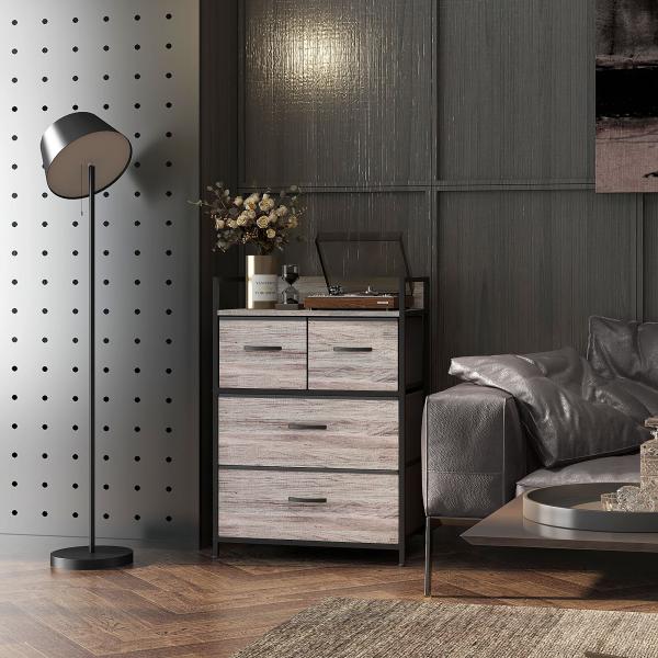 Cómoda de Quarto Armário de Armazenamento com 4 Gavetas Dobráveis Prateleira Aberta e Estrutura de Aço para Sala Entrada 60x29x85 cm Cinzento