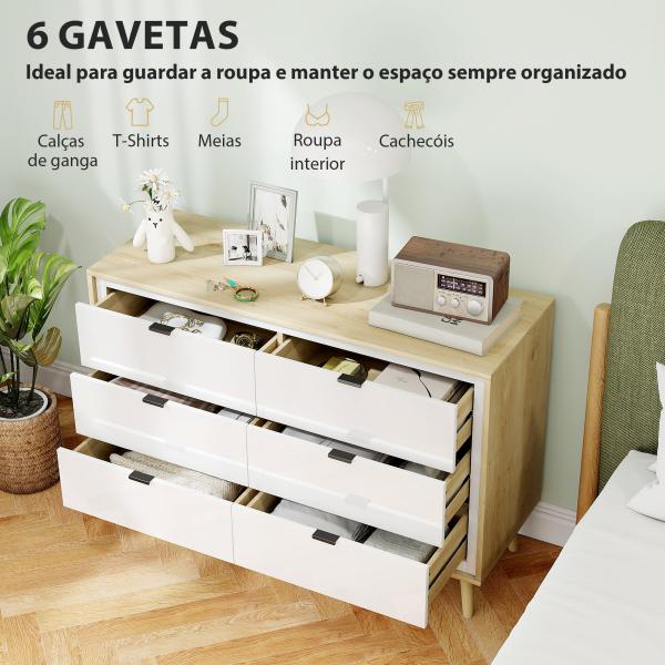 Cómoda 6 Gavetas Cómoda Quarto com Pernas de Madeira Estilo Moderno 110x40x75 cm Branco Brilhante e Carvalho