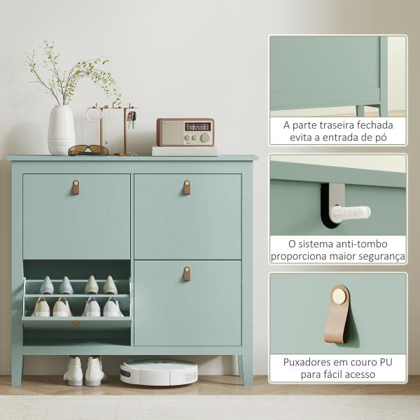 Sapateiro Estreito com 4 Compartimentos e Puxadores de Couro PU para Corredor e Hall 105x24x95,5 cm Verde Claro
