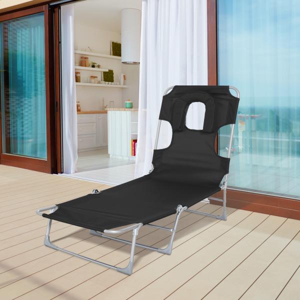 Espreguiçadeira de Jardim Reclinável e Dobrável com Orifício de Leitura Apoio para Cabeça e Encosto Ajustável em 4 Níveis para Praia 182x56x24,5 cm Preto
