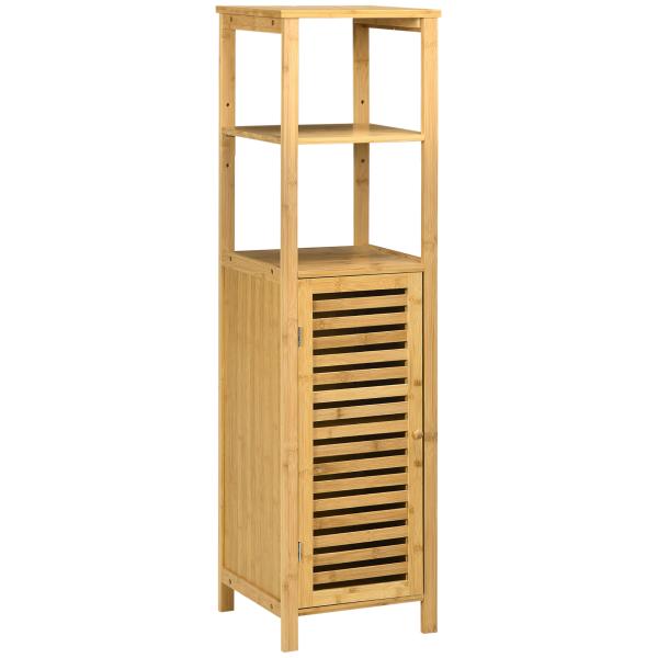 Armário Auxiliar Casa de Banho de Bambu com 2 Prateleiras Abertas e Porta de Ripas para Duche 32,9x29,9x120 cm Madeira