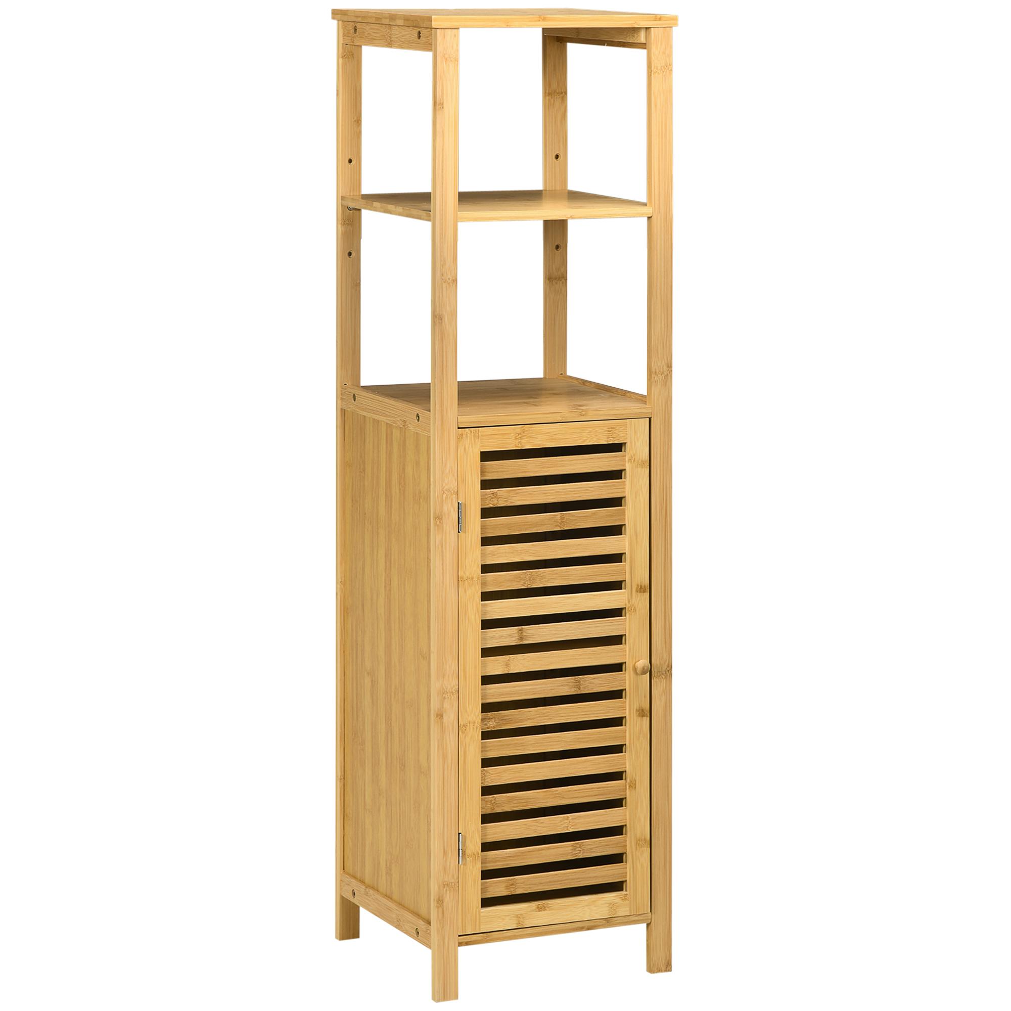 Armário Auxiliar Casa de Banho de Bambu com 2 Prateleiras Abertas e Porta de Ripas para Duche 32,9x29,9x120 cm Madeira