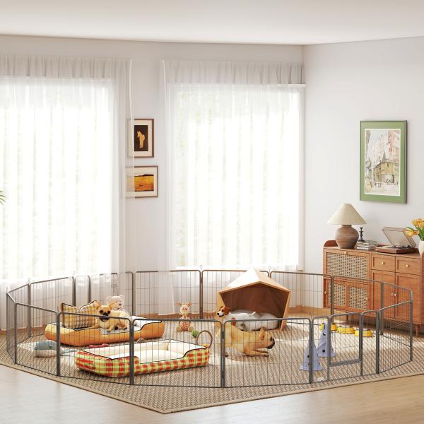 Parque para Cães com 16 Painéis e 2 Portas, Recinto em Aço para Interior e Exterior 80x60 cm Cinzento