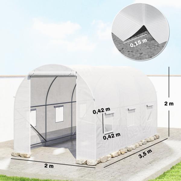 Estufa Tipo Túnel 350x200x200 cm com Portas Enroláveis e 6 Janelas Cobertura de PE Estrutura de Metal Branco