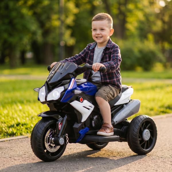 Moto Elétrica Infantil 6V com 3 Rodas Música Buzina e Faróis para Passeio de Crianças Azul 86x42x52 cm