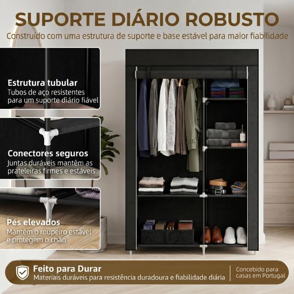 Roupeiro de Tecido Dobrável com 6 Prateleiras e 1 Barra de Pendurar para Dormitório Vestidor 103x43x162,5 cm Preto