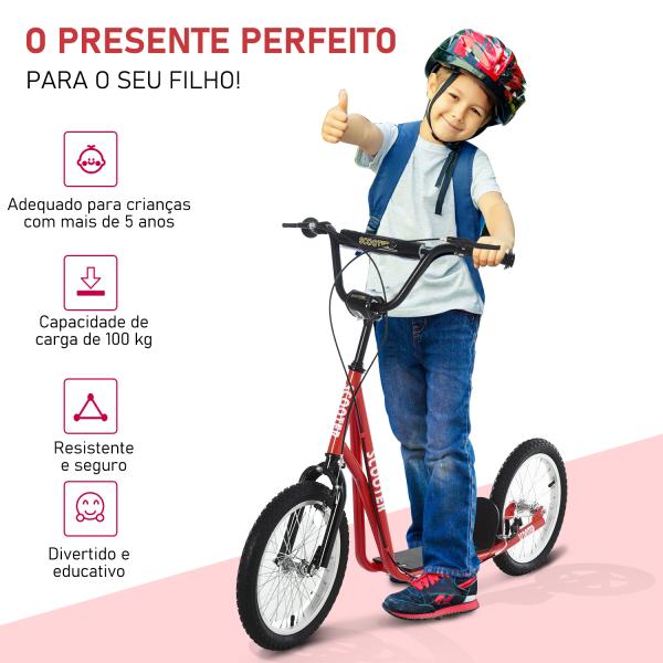 Trotinete com Guiador Ajustável 2 Pneus de Borracha Insufláveis com Travagem Dupla e Rodas 16" 139x58x90 - 96 cm Vermelho