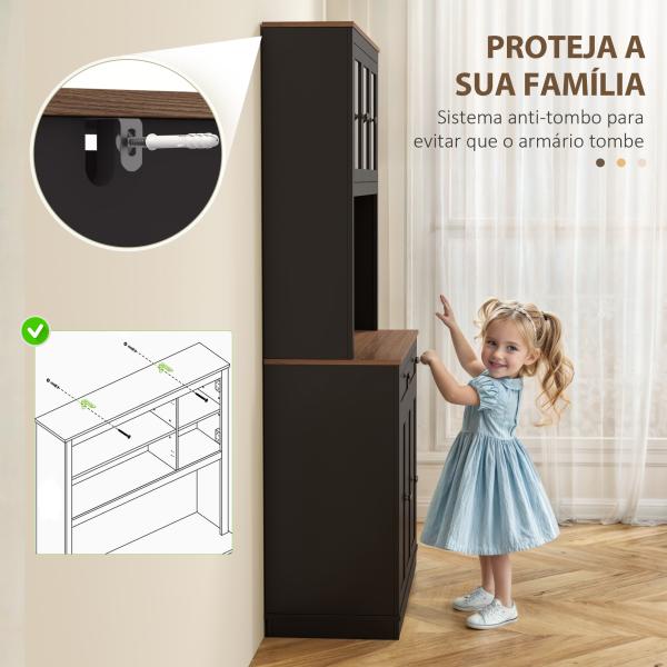 Armário de Cozinha com 3 Portas de Vidro Compartimento Aberto 2 Gavetas e Prateleiras Ajustáveis 100x40x180 cm Preto