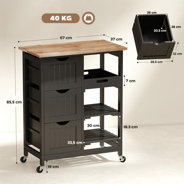 Carrinho de Cozinha com Rodas com 3 Gavetas 2 Prateleiras Abertas e Bandeja 67x37x85,5 cm Preto