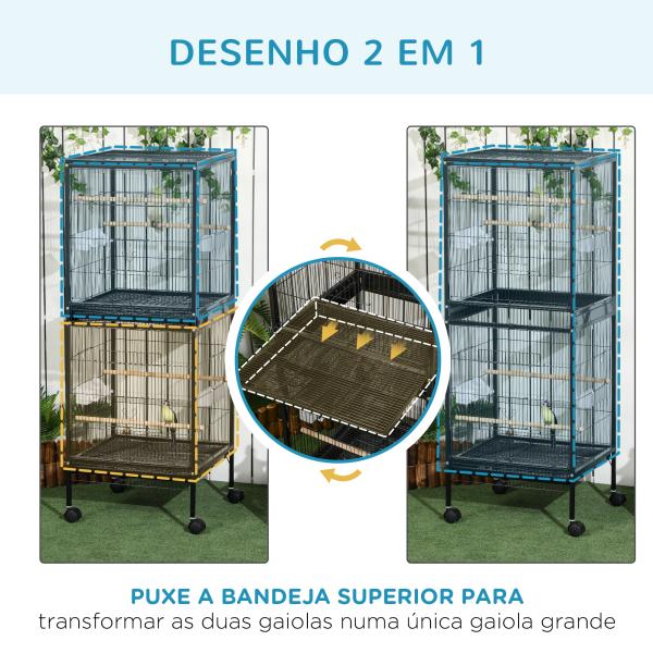 Gaiola para Pássaros com Rodas de 2 Níveis com Bandejas Removíveis Portas Comedouros Poleiros 51,5x50x140 cm Preto