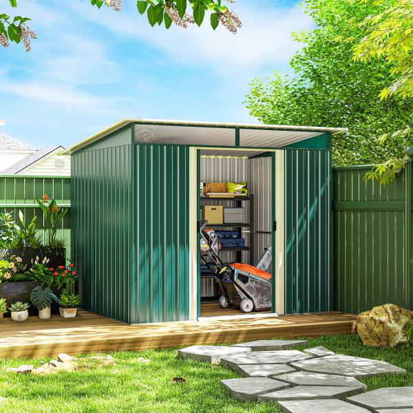 Abrigo de Jardim 4,5 m² 260x194x200 cm Abrigo Exterior Metálico com 2 Portas Deslizantes para Armazenamento de Ferramentas Verde