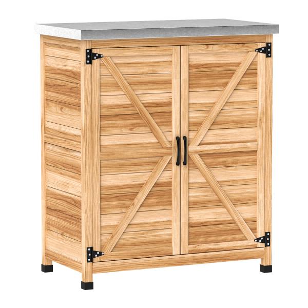 Armário de Exterior em Madeira com Tampo de Aço Galvanizado Prateleira 2 Portas para Armazenamento de Ferramentas 79x43x92 cm Madeira