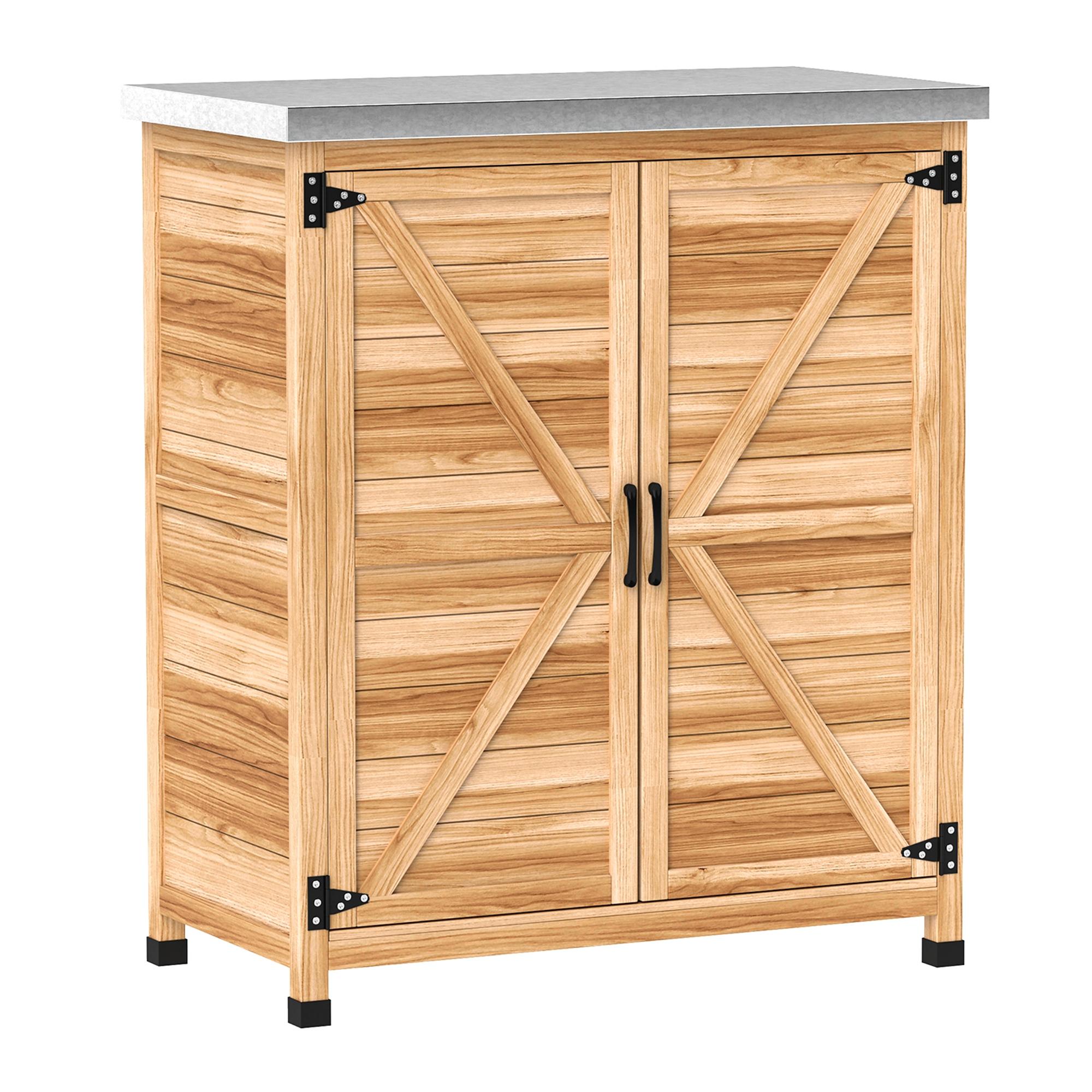 Armário de Exterior em Madeira com Tampo de Aço Galvanizado Prateleira 2 Portas para Armazenamento de Ferramentas 79x43x92 cm Madeira