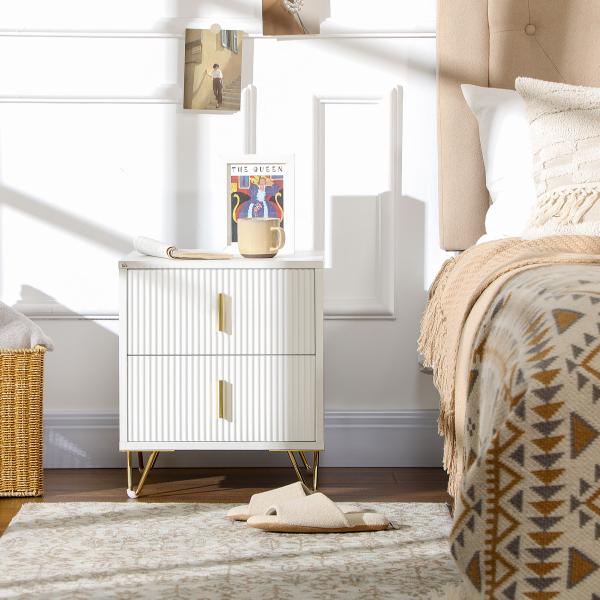 Mesa de Cabeceira com 2 Gavetas Mesa Auxiliar com Pés de Metal para Sala de Estar Dormitório 40x40x47 cm Branco e Dourado