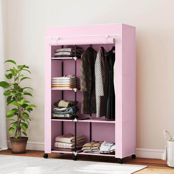 Roupeiro de Tecido Dobrável com 6 Prateleiras 1 Barra de Pendurar e Rodas para Dormitório Vestidor 103x43x162,5 cm Rosa
