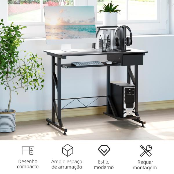 Mesa de Computador com 1 Gaveta Bandeja para Teclado e Suporte para CPU para Escritório Estúdio 90x50x95 cm Preto