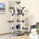 Árvore Arranhador para Gatos Grande 60x60x200cm com 2 Cavernas 2 Redes Cama Múltiplas Plataformas Postes Arranhadores de Sisal Natural e Bolas de Brinquedo Cinza
