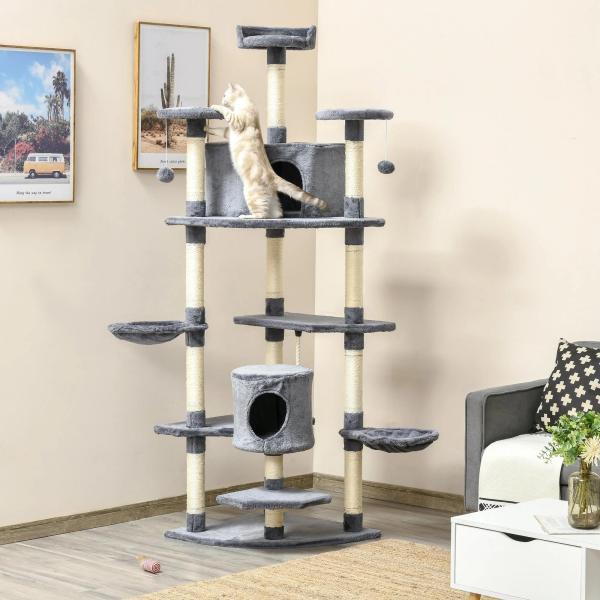 Árvore Arranhador para Gatos Grande 60x60x200cm com 2 Cavernas 2 Redes Cama Múltiplas Plataformas Postes Arranhadores de Sisal Natural e Bolas de Brinquedo Cinza