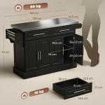 Ilha de Cozinha com Rodas Bancada de Aço Inoxidável 2 Gavetas 4 Portas e 2 Prateleiras Ajustáveis 145x45x93 cm Preto